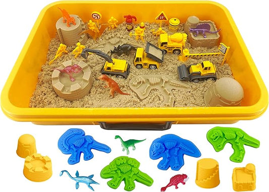 INvench Construction Dinosaur Play Sand Set - 38 Pieces Sensory Bin Sand Kit Include 2 lbs Magic Sand, Construction Vehicle, Dinsoaur Figures, Dinosaur & Castle Molds for 3 4 5 Year Old Toddlers Kids