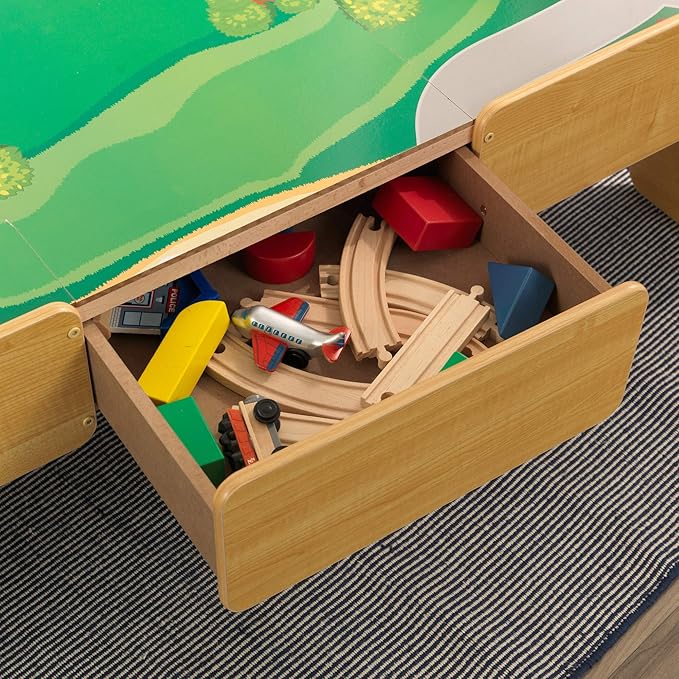KidKraft Double-Sided Wooden Train and Activity Table with Built-in Storage Drawer, Natural, Gift for Ages 3+