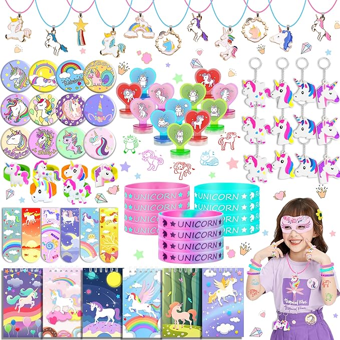 78 PCS Unicorn party Favors Girls Unicorn Birthday Supplies with Bracelets Necklaces Rings Keychains Badges Bookmarks Notebooks Goodie Bags Fillers for Birthday Party Prizes Unicorn Pinata Stuffers