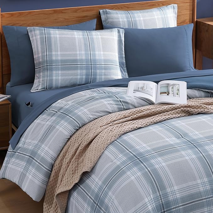 MaiRêve Plaid Queen Comforter Sets, Light Blue Grid Farmhouse Bedding Set Bed in A Bag, Classic Checkered Comforter Sets with Fitted & Flat Sheet, Pillowcases & Shams(Light Blue, 90"x90")