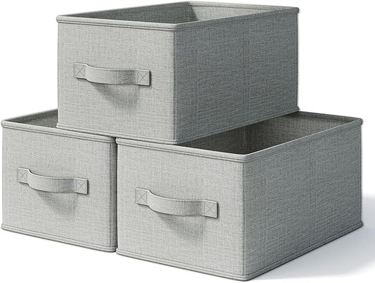3 Pack Fabric Storage Bins for Shelves | 16.25x12x10in Closet Storage Baskets | Collapsible Storage Bins |Fabric Closet Organizers with Handles | Light Gray