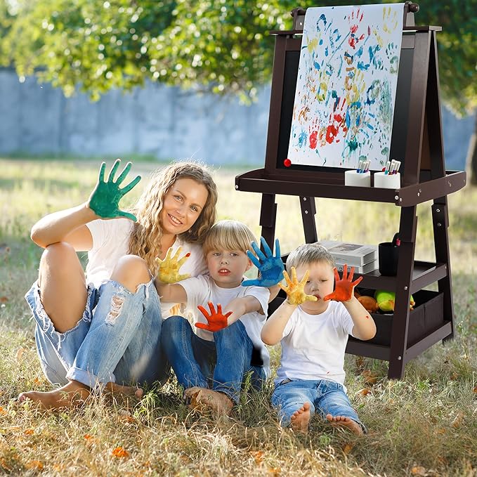 Elevon Art Easel for Kids, Wooden Kids Easel 3 in 1 Adjustable Double Sided, Whiteboard, Chalkboard & Paper Roll, 2-Tier Rack w/ 2 Storage Boxes, Standing Easel for for Painting & Drawing