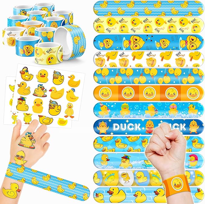 48PCS Duck Party Favors - 24PCS Temporary Tattoos & 24PCS Slap Bracelets - Cute Birthday Party Supplies, Decorations, Baby Shower Gifts, Classroom Prizes, and Rewards for Boys & Girls