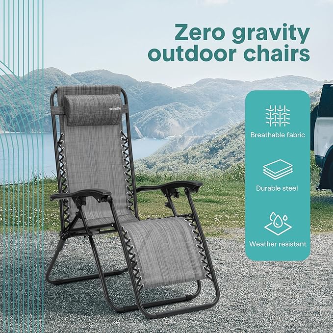 SereneLife Outdoor Zero Gravity Lounge Chair Set with Table – 2 Adjustable Recliners with Cup Holders, Headrest, Steel Frame & Foldable Design for Patio, Pool, Garden, or Camping