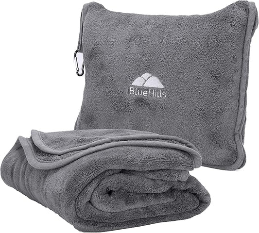 BlueHills Premium Soft Long Travel Blanket Pillow for Tall Airplane Flight Blanket Throw in Soft Bag case with Hand Luggage Belt & Backpack Clip Compact Pack Large Grey Gray T052