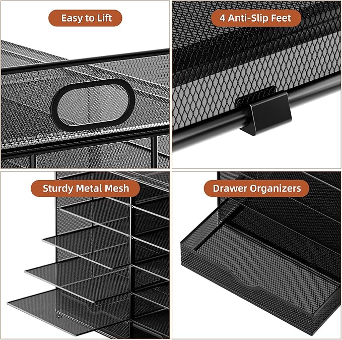 Marbrasse 7 Tier Desktop Literature Organizer, Mesh Paper Organizer, Desk Organizers with Drawer, File Sorter Mail Center Paper Storage Cabinet Classroom Keepers Mailbox for Office Home School (Black)