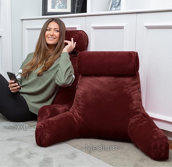 Husband Pillow Medium Maroon, Backrest for Kids, Teens, Petite Adults - Reading Pillows with Arms, Adjustable Loft, Plush Memory Foam, Bed Rest Chair for Sitting Up, Detach Neck Roll, Removable Cover