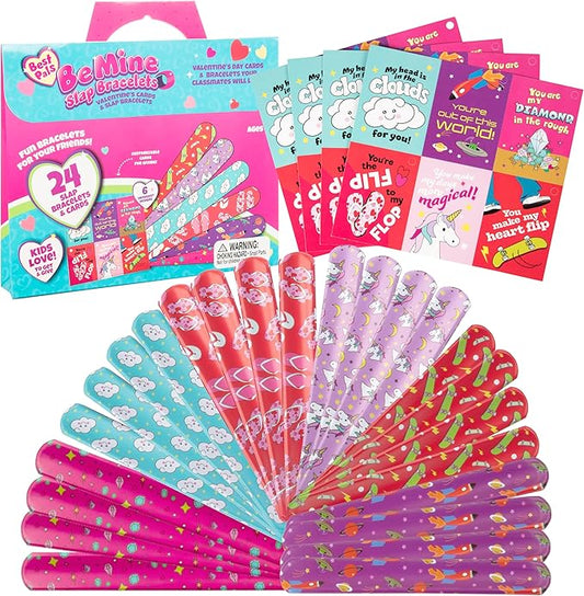 Kids Slap Bracelet Valentine's Day Cards - Best Pals (24ct) - Each Valentine has a Card & Matching Slap Friendship Bracelet- Enough for Whole Kid's Classroom- Fun School Gift Exchange for Boys & Girls