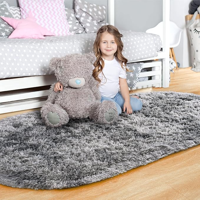 Noahas Oval Fluffy Grey Rainbow Rug 2.6X5.3 Small Kids Rugs for Bedroom Girls And Boys Aesthetic,Bedside Bedroom Rug,Ultra Soft Runner Carpet Modern Shaggy Nursery Area Rugs Home Deco