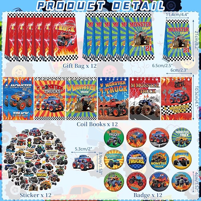 KEFAN Monster Truck Party Favor Supplies including Cartoon Monster Truck Theme Gift Bags, Wristbands, Stickers, Badge, for Monster Truck Theme Boy's Birthday Party Gift