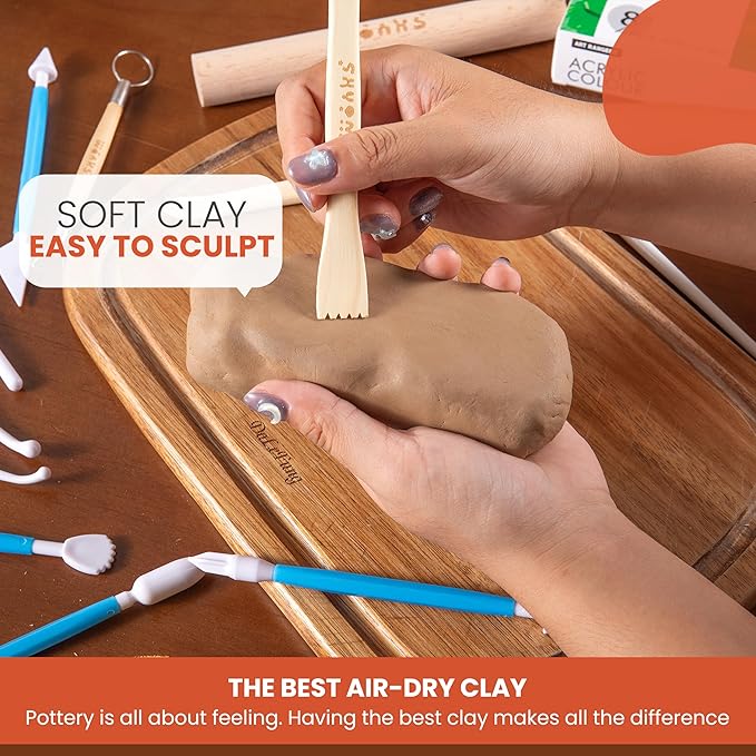 Air Dry Clay Pottery Kit for Adults & Kids - 30 Piece Kit - Acrylic Paint & Sculpting Tools Included - Carving Kit, Clay Sponge & More - A Complete Beginners Pottery Set - 2KGs of Clay Included