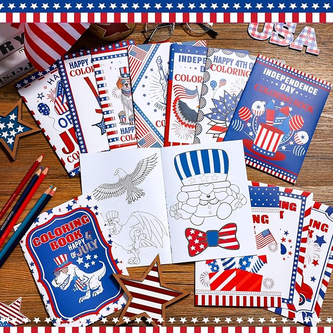 Fulmoon 48 Pcs 4th of July Coloring Books School Activity Supplies Art Creativity Assorted Independence Day Memorial Day Party Favors, DIY Patriotic Color Booklets Gifts for Boys and Girls