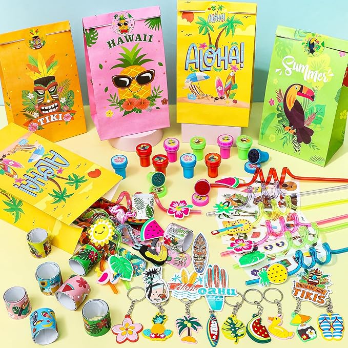 122Pcs Hawaiian Party Favors Summer Pool Beach Birthday Party Supplies Straw Stamp Bracelet Tattoo Sticker Keychain Pinata Goodie Bag Toy Gift Prize Filler Stuffer Kids Tropical Luau Party Supplies