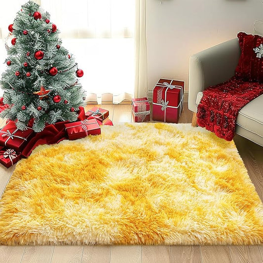 Xexsin Small Rugs for Bedroom, Fuzzy Throw Rug for Living Room Dorm, Soft Fluffy Bedroom Rug, Non Slip Shag Rugs, Modern Indoor Home Decor Aesthetic, 2x3 Feet, Tie-Dyed Yellow