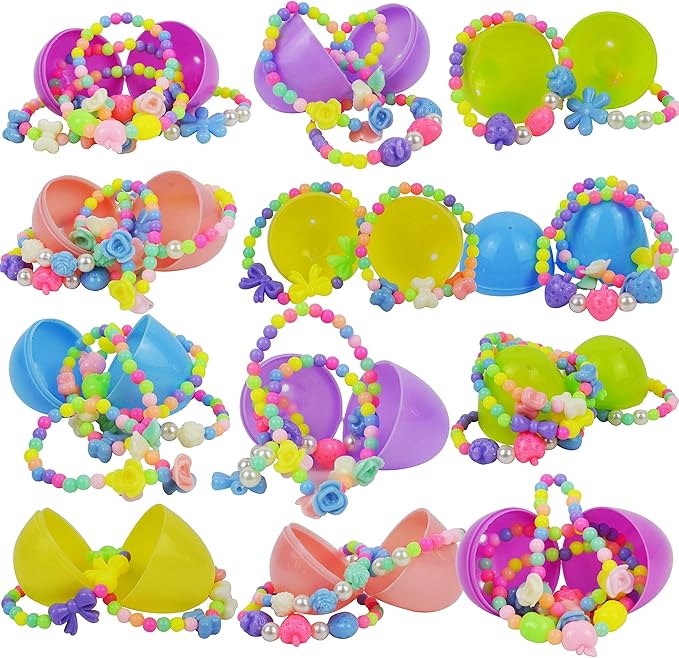 JOYIN 24 Pcs Prefilled Easter Eggs with Different Designs of Bracelets Girls Jewelry Set for Kids Easter Party Favor Easter Basket Stuffer Classroom Exchange and Prize Supplies (Candy)