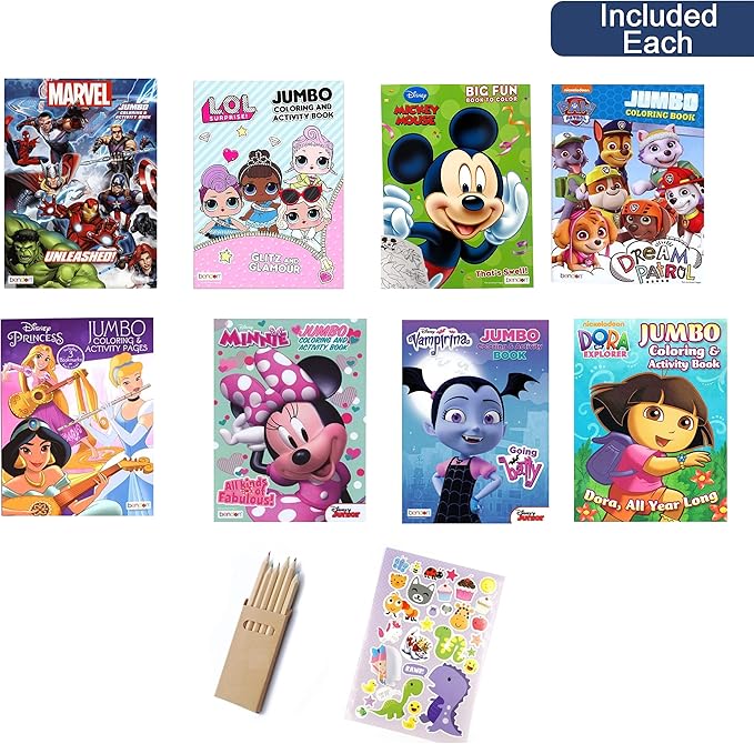 Bundle of 8 Coloring Activity Books with Color Sheets, Games & Mazes for Kids, Girls, Boys- Ages 4-8 -Favorite Character Bulk Pack (No Duplicates)