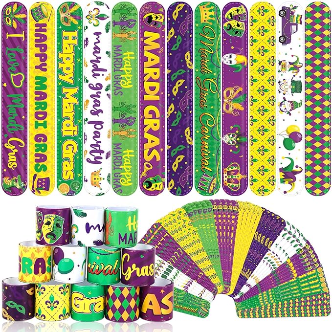 JUNEBRUSHS 56Pcs Mardi Gras Slap Bracelets, Mardi Gras Bracelets Bulk Carnival Wristbands for Kids Aldults Mardi Gras Party Favors Accessories Gifts Mardi Gras Throws for Bag Stuffers Fillers