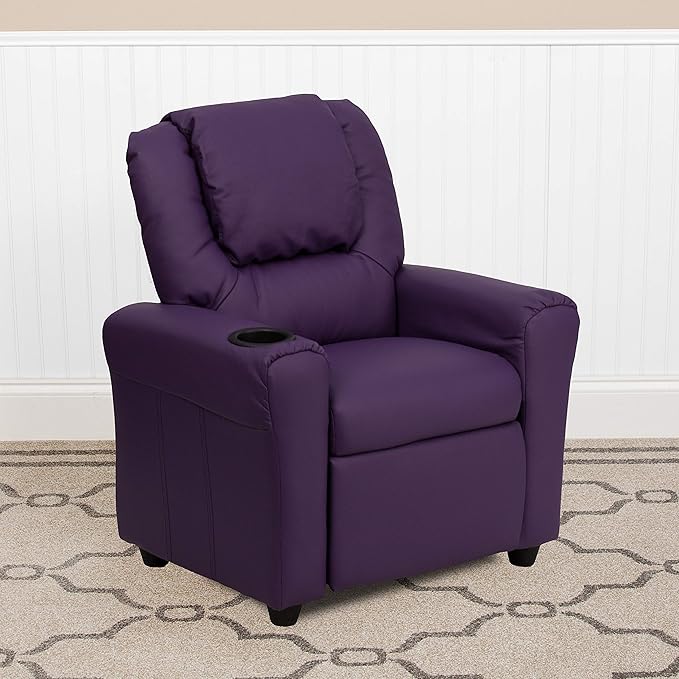 Flash Furniture Vana Vinyl Kids Recliner with Cup Holder, Headrest, and Safety Recline, Contemporary Reclining Chair for Kids, Supports up to 90 lbs., Purple