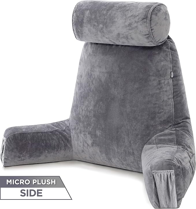 Husband Pillow Medium Aspen Edition Iron Grey, Sit Up Reading & Bed Rest with Arms, Ultra-Comfy, Detach Neck Roll - Premium Shredded Memory Foam Backrest, Reverses to Micro: Suede or Plush