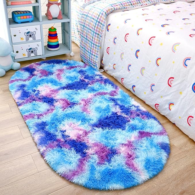Noahas Oval Fluffy Purple Rainbow Rug 2.6X5.3 Small Kids Rugs for Bedroom Girls And Boys Aesthetic,Bedside Bedroom Rug,Ultra Soft Runner Carpet Modern Shaggy Nursery Area Rugs Home Decor''