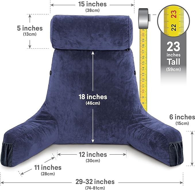 Husband Pillow Medium Dark Blue, Backrest for Kids, Teens, Petite Adults - Reading Pillows with Arms, Adjustable Loft, Plush Memory Foam, Bed Rest Chair Sitting Up, Detach Neck Roll, Removable Cover