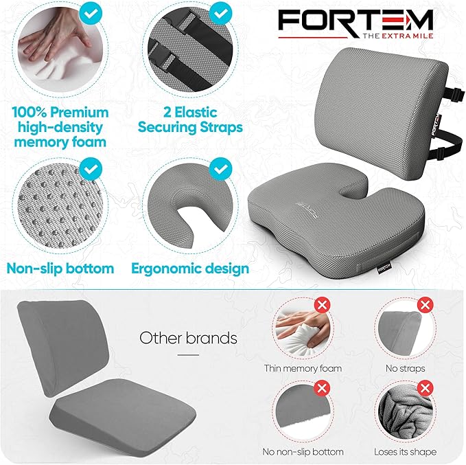 FORTEM Seat Cushion, Office Chair Cushion, Lumbar Support Pillow for Office Chair, Memory Foam Sciatica Coccyx Tailbone Pressure Pain Relief, Car Sitting Pad, Washable Non Slip