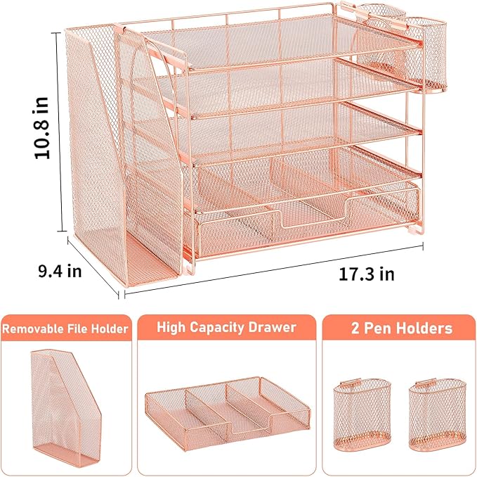 OPNICE Desk Organizer, 5-Tier Paper File Organizer with Drawer & Pen Holder, Office Desk Accessories, Workspace Desktop Organizer for Office Supplies(Rose Gold)
