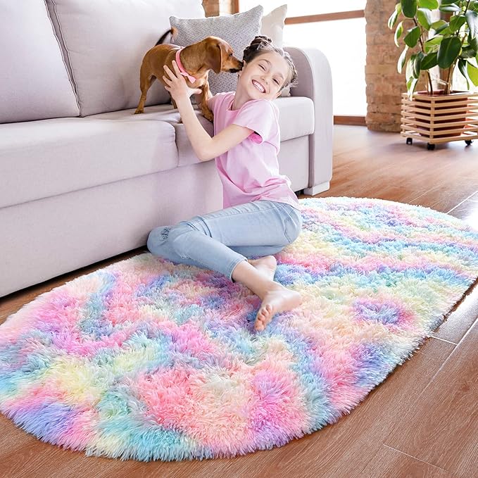 Noahas Oval Fluffy Rainbow Rug 2.6X5.3 Small Kids Rugs for Bedroom Girls And Boys Aesthetic,Bedside Bedroom Rug,Ultra Soft Runner Carpet Modern Shaggy Nursery Area Rugs Home Decor