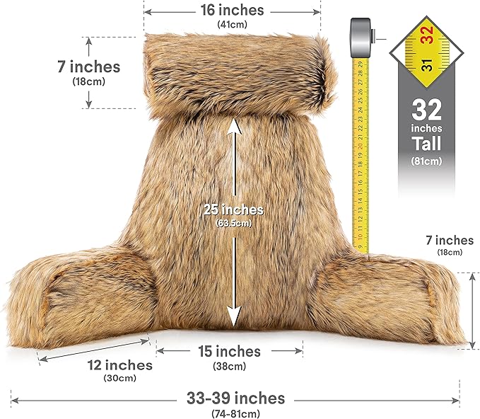 Husband Pillow XXL Ultra Rare Baby Amber Fox Fabulous Faux Fur Backrest, Two-Tone Reversible Double Sided Reading & Bed Rest Pillow with Arms & Neck Roll, Adjustable Memory Foam - Extremely Comfy