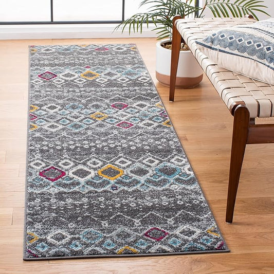 SAFAVIEH Amsterdam Collection Runner Rug - 2'3" x 8', Dark Grey & Ivory, Moroccan Boho Design, Non-Shedding & Easy Care, Ideal for High Traffic Areas in Living Room, Bedroom (AMS108H)