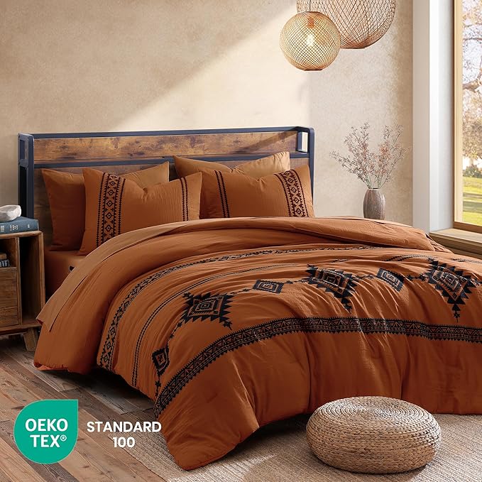 MaiRêve Burnt Orange Embroidery Comforter Sets Full Size - 7 Pieces, Farmhouse Western Boho Comforter Set, All Season Bed in A Bag Full Size with Sheets, Pillowcases & Shams