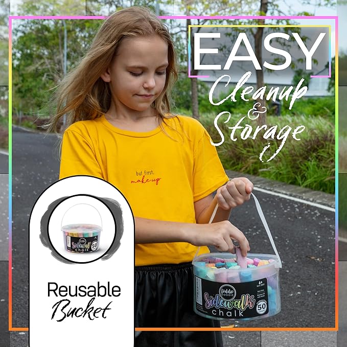 Loddie Doddie 50ct Sidewalk Chalk for Kids - 12 Colors Non-Toxic Jumbo Sticks in Reusable Bucket - Easy Clean Up for Fun & Creativity