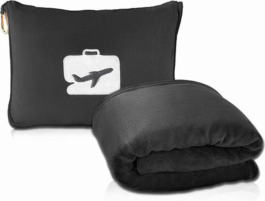 EverSnug Travel Blanket and Pillow - Ultra-Soft, Compact & Lightweight, 65x40 Inches, with Carry Case, Luggage Sleeve & Backpack Clip for Airplane Comfort (Black)