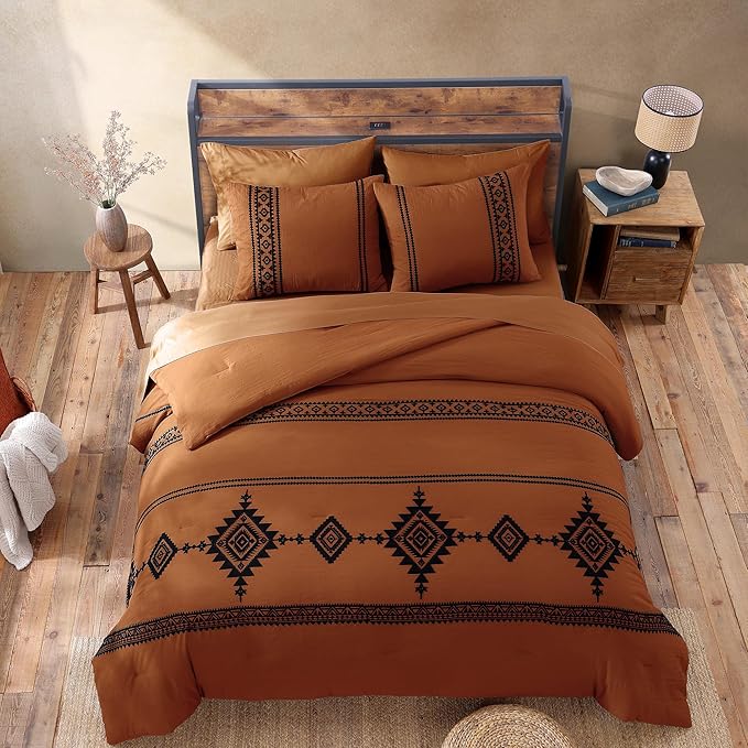 MaiRêve Embroidery Comforter Set, Boho Farmhouse Western Bedding Set, All Season Bed in A Bag Comforter Set with Sheets, Pillowcases & Shams, Burnt Orange Oversized Queen 7 Pieces