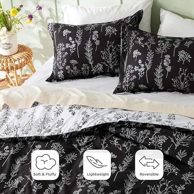 Bedsure King Comforter Set - Black Bed Set, 3 Pieces Cute Floral Bedding, 1 Soft Reversible Botanical Flowers Comforter and 2 Pillow Shams