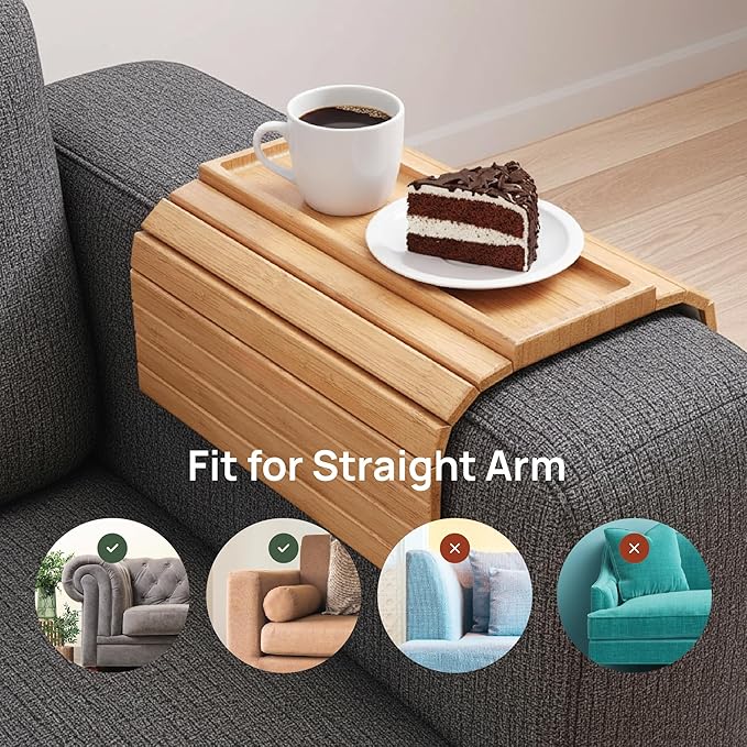 Bamboo Sofa Arm Tray – Flexible Couch Armrest Table with Non-Slip Drink Holder, Fits Straight Arm Sofas, No Assembly Required