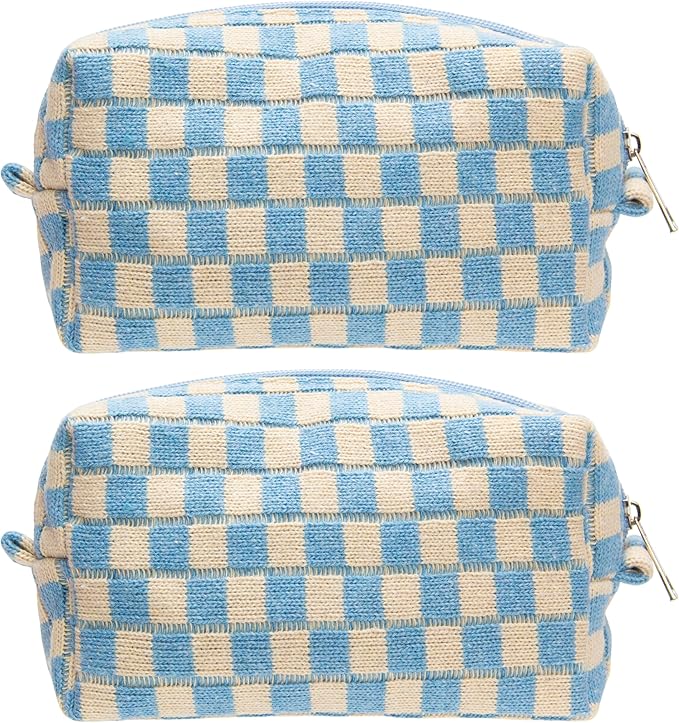 PAZIMIIK 2PCS Checkered Makeup Bag for Purse Portable Zipper Make Up Pouch Small Cosmetic Case for Travel Accessories Blue Beige