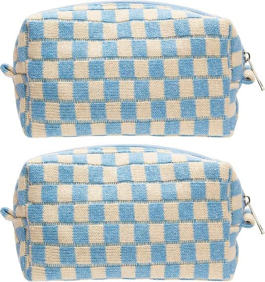 PAZIMIIK 2PCS Checkered Makeup Bag for Purse Portable Zipper Make Up Pouch Small Cosmetic Case for Travel Accessories Blue Beige