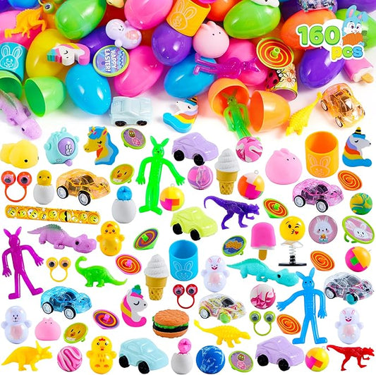 JOYIN 160 PCS Prefilled Easter Eggs with Assorted Toys, Stuffed Egg Hunt Supplies, Basket Stuffers Fillers, Classroom Prizes, Party Favors
