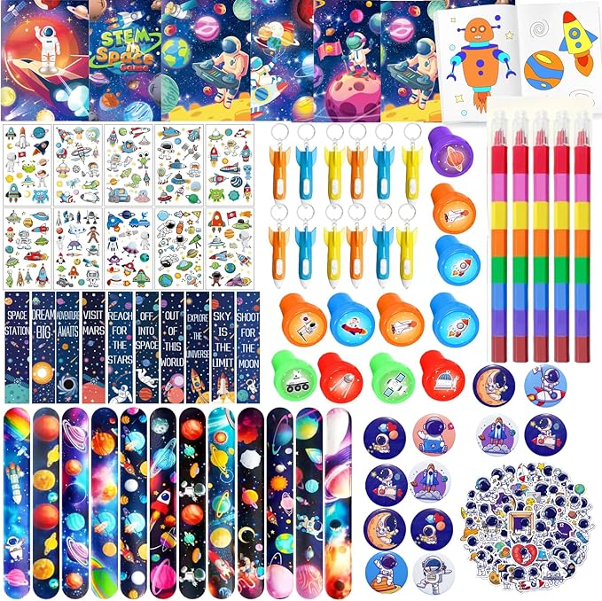 146Pcs Space Themed Coloring Books with Crayons Bulk Outer Space Party Favors for Toddlers Kids 3-5 4-8 Tattoo Stickers Stamper Slap Bracelet School Classroom Reward Gift Goodie Bag Birthday Supplies