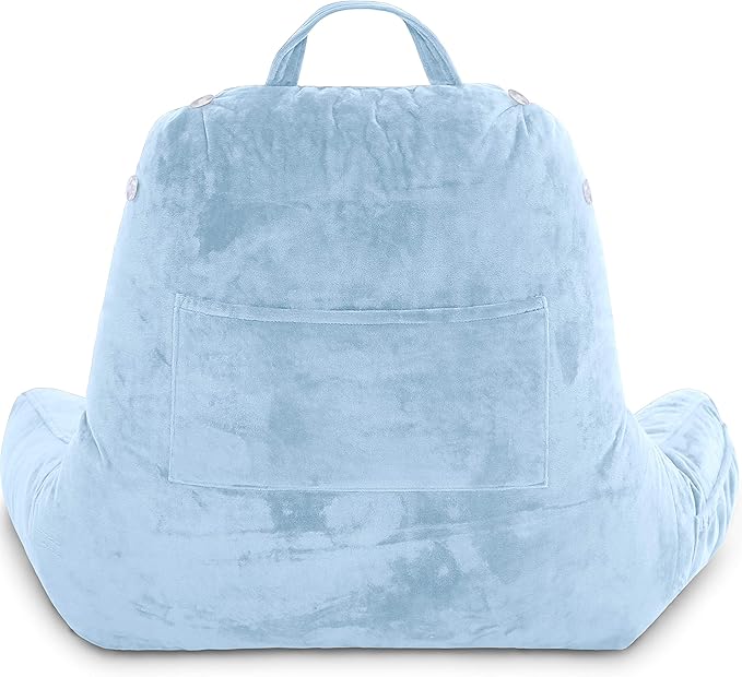 Husband Pillow Medium Sky Blue, Backrest for Kids, Teens, Petite Adults - Reading Pillows with Arms, Adjustable Loft, Plush Memory Foam, Bed Rest Chair Sitting Up, Detach Neck Roll, Removable Cover