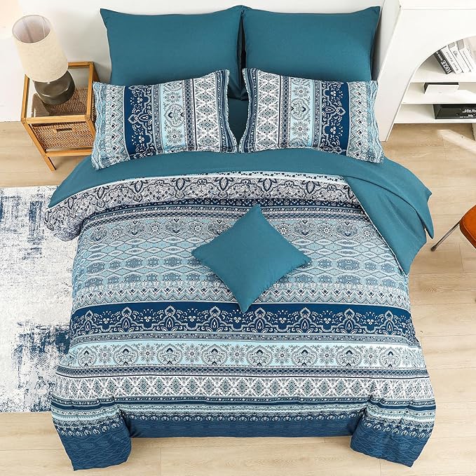 Cottolester Boho Comforter Set King Size 8 Pieces, Teal Blue Comforter Bohemian Striped Bed in A Bag, Soft Microfiber Bedding Set for All Seasons