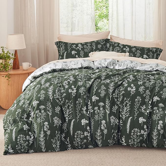Bedsure Twin/Twin XL Comforter Set - Dark Olive Green Bed Set, 2 Pieces Cute Floral Bedding, 1 Soft Reversible Botanical Flowers Comforter and 1 Pillow Sham
