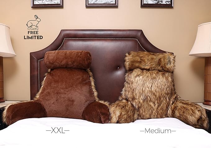 Husband Pillow Medium Limited Baby Brown Bear Fabulous Faux Fur Backrest, 2-Tone Reversible Double Sided Reading & Bed Rest Pillow with Arms & Neck Roll, Adjustable Memory Foam - Extremely Comfy