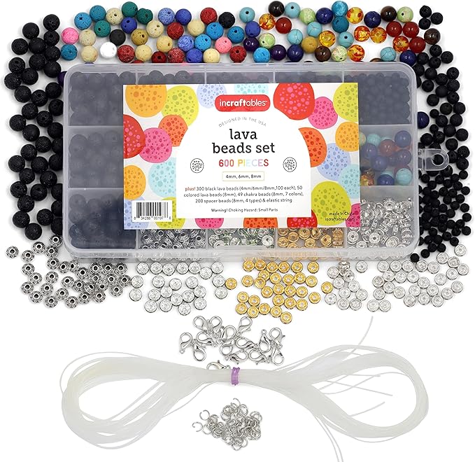 Incraftables Lava Beads Set for DIY Jewelry & Bracelet Making (1000pcs). Bulk Black & Colorful Assorted (4mm, 6mm & 8mm) Stone Rock Chakra Bead Kit for Essential Oils with Spacer Beads & Organizer