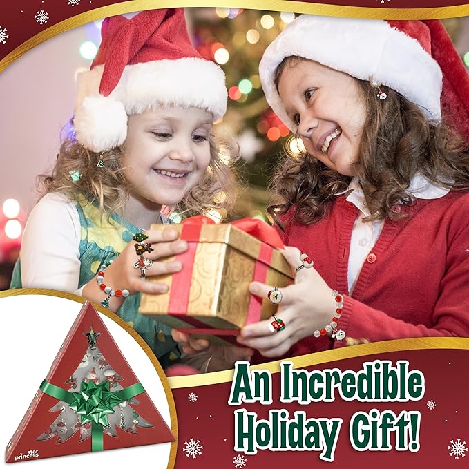 Christmas Stocking Stuffers Jewel Rings for Kids, Holiday Dress-Up Jewelry Set - Rings, Bracelets, Clip-On Earrings for Girls - Christmas Tree Gift Box, Christmas Gift for Girls Age 3 4 5 6 7 8 and Up