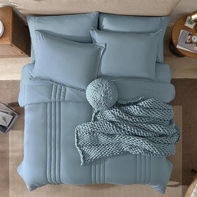 Monbix King Size Comforter Set - 7 Pieces Bed in a Bag King, Dusty Blue Bedding Sets with Comforter, All Seasons Comforter Bed Set with Sheets, Pillowcases & Shams