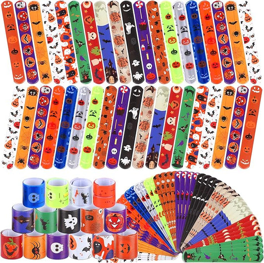 JUNEBRUSHS 56 PCS Halloween Slap Bracelets Halloween Party Favors Snap Bracelets Bulk Halloween Toys for Kids Girls Boys Birthday Party Supplies