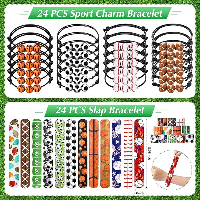 Aoriher 120 Pcs Sport Balls Party Favors Set Serve 24, Basketball Football Soccer Goodie Foam Finger Mini Stress Ball Slap Bracelet Charm Bracelet Stamp for Kids Party Supplies (Sports Ball)