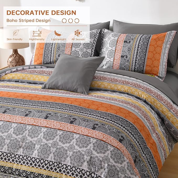Cottolester Boho Comforter Set Queen Size,8 Pieces Orange Bohemian Striped Bed in a Bag,Paisley Soft Microfiber Bedding Comforter Set